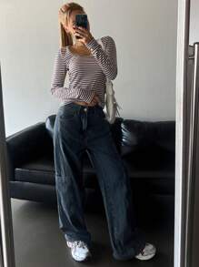 DAZY Dames effen zakje casual losse rechte pijp jeans