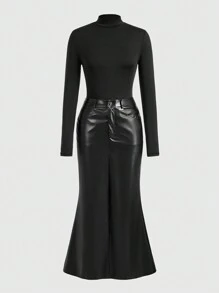 SHEIN Privé 2 Stücke elegantes Business Damen Set aus schwarzem Top und PU Rock - Schwarz - Übersicht 1