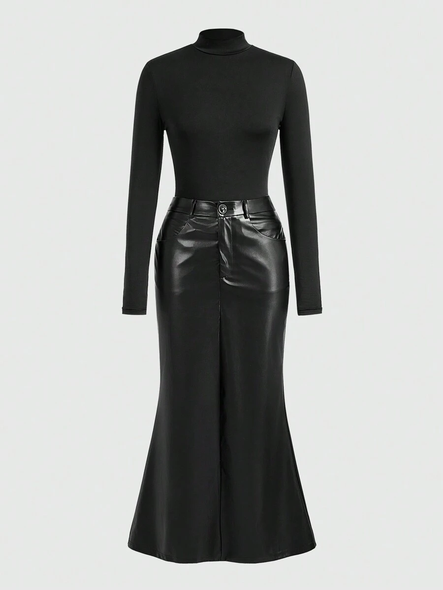 SHEIN Privé 2 Stücke elegantes Business Damen Set aus schwarzem Top und PU Rock - Schwarz - Übersicht 1