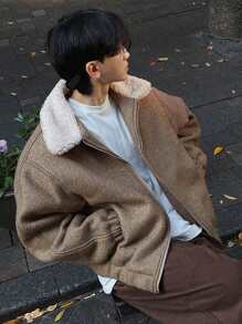DAZY Men's Solid Color Fleece Lapel Casual Loose Jacket, Fall Season