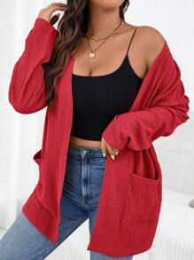 SHEIN Essnce 大码女装秋季新款时尚秋季女士秋季外套长袖女士工作外套商务女士外套休闲通勤优雅提花面料 2 口袋长袖薄外套 - 酒紅色 - 查看 4