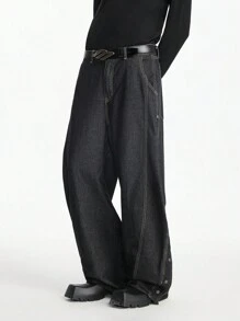 NEON BLANC 男士休闲阔腿宽松编织街头风格牛仔裤 - 黑色 - 查看 7