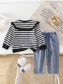 Baby Girl Autumn Winter Outfit, Includes Striped Sweatshirt And Loose Fit Ruffle Trim Denim Pants, Casual Fashion Set