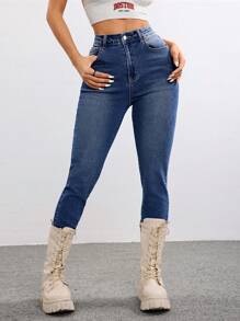 SHEIN EZwear Jeans de pierna ancha con lavado, moda gótica Y2K de los 90, con bordado de cruz impreso para mujer