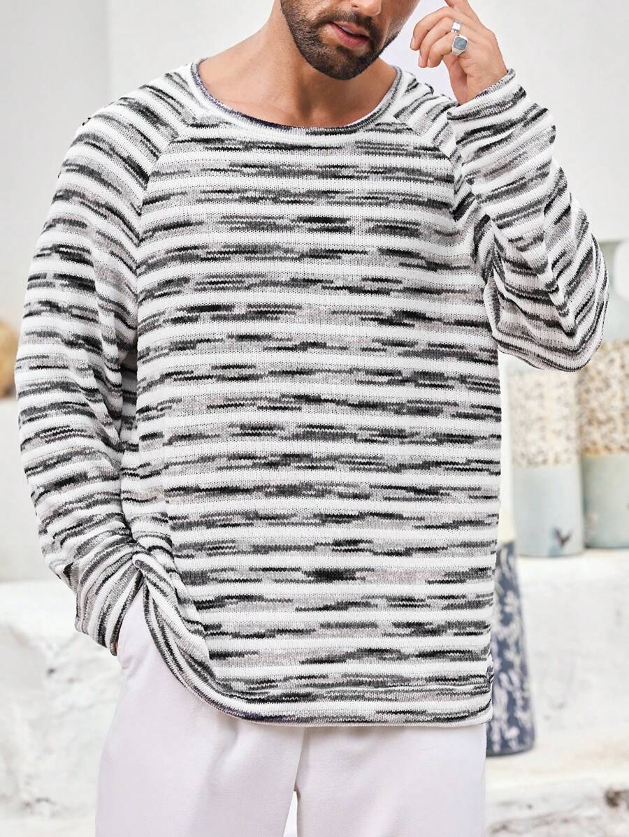 Manfinity Homme Men's Striped Knit Pullover Sweatshirt - Grey - View 1