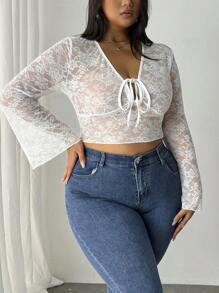 SHEIN Privé Áo cánh ren xuyên thấu cổ chữ V gợi cảm cỡ lớn, dáng vẻ hẹn hò lãng mạn, áo tay chuông - trắng - Xem 5