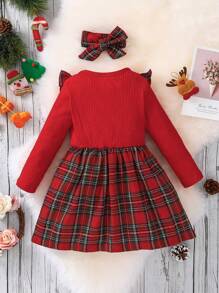 SHEIN Cô Gái Trẻ In Tartan Viền Ruffle Nơ mặt trước Đầm Với băng đô Đối với Giáng sinh - Đỏ - Xem 2