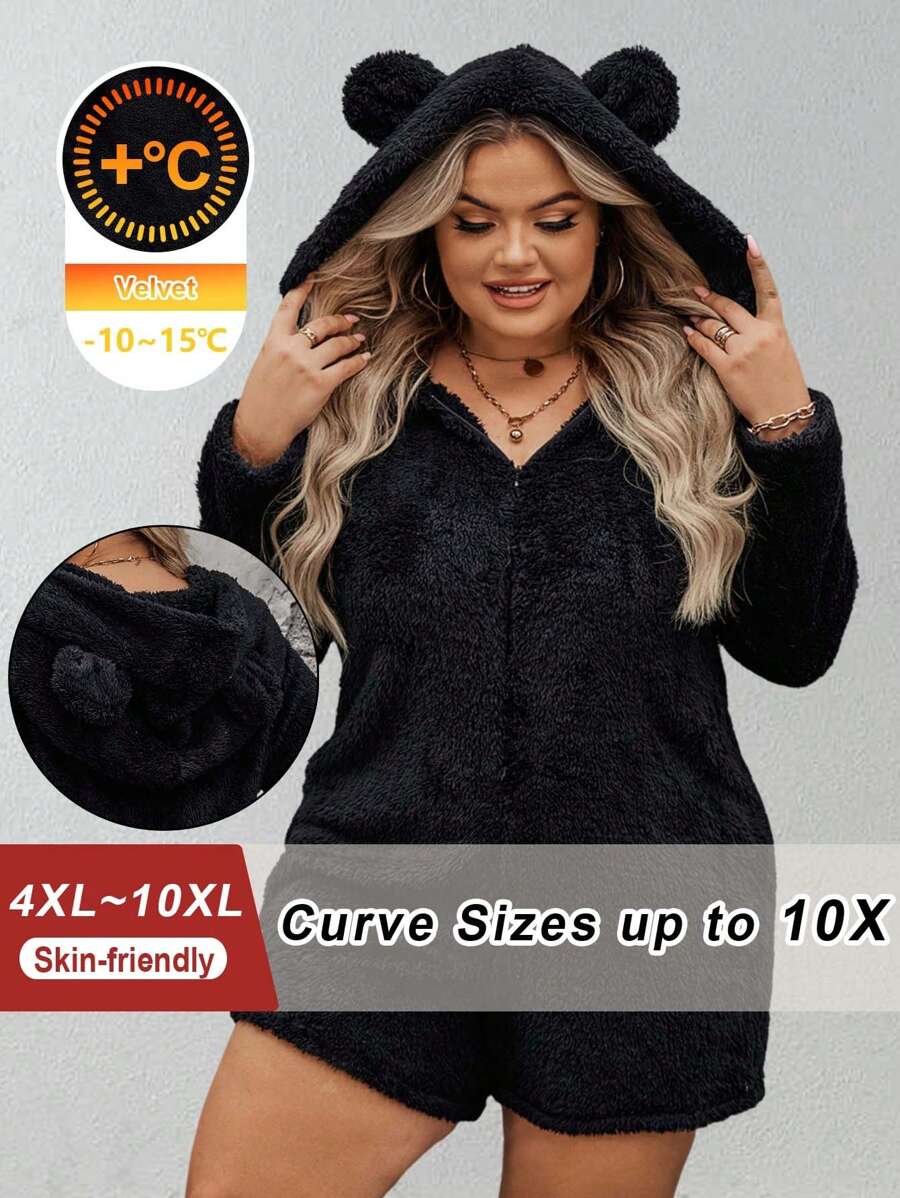 SHEIN CURVE+ CURVE Plus 女士 3d 耳朵设计毛绒连体衣、秋季女装、镂空服装、魔鬼服装 - 黑色 - 查看 1