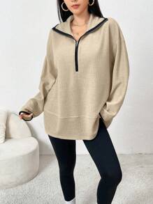 Mulvari 女士翻领拉链长袖针织运动衫 - 卡其色 - 查看 5