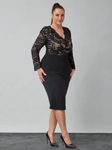 SHEIN Clasi Plus Size Women  Lace Patchwork High Waist Elegant Office & Party Dress - Black - View 5