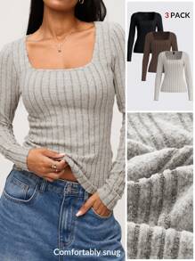 SHEIN BASICS 3pcs Casual Solid Color Square Neck Long Sleeve Fitted Ladies T-Shirts - Multicolor - View 12