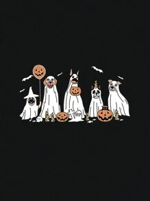 INAWLY 大码女式夏季南瓜鬼魂印花圆领短袖休闲 T 恤 - 黑色 - 查看 4