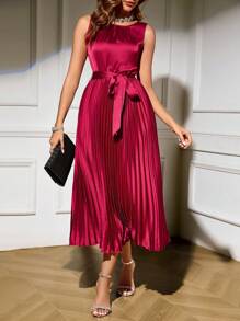 SHEIN Clasi Women's Solid Color Round Neck Sleeveless Pleated Hem Elegant Mid-Length Dress - Burgundy - View 2