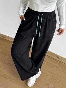 Flirla Plus Size Drawstring Pocket Black Wide-Leg Pants With Thermal Lined, Autumn/Winter - Black - View 4