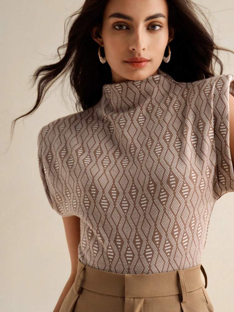 Ladies Khaki Knitted Crew Neck Work Top