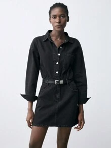 SHEIN Maija Váy denim mini thường ngày cho nữ, tay dài, màu đen - màu đen - Xem 1