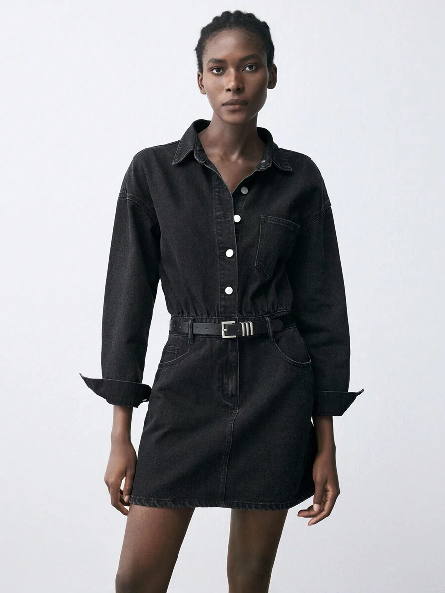 SHEIN Maija Váy denim mini thường ngày cho nữ, tay dài, màu đen - màu đen - Xem 1