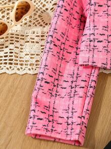 SHEIN Elladie kids 年轻女孩格子印花前扣长袖夹克搭配黑色长袖上衣和迷你裙优雅套装 - 粉色 - 查看 5