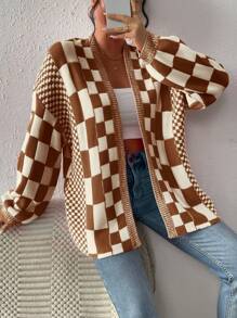 Chiquease 格纹休闲针织开衫 - 咖啡棕 - 查看 5