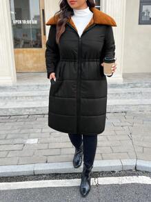 SHEIN Frenchy Abrigo acolchado negro de largo medio con cuello de piel, invierno, forro polar esponjoso para mantener el calor, grueso - Negro - Ver 8