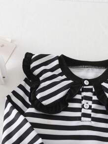 Baby Girl Autumn Winter Outfit, Includes Striped Sweatshirt And Loose Fit Ruffle Trim Denim Pants, Casual Fashion Set