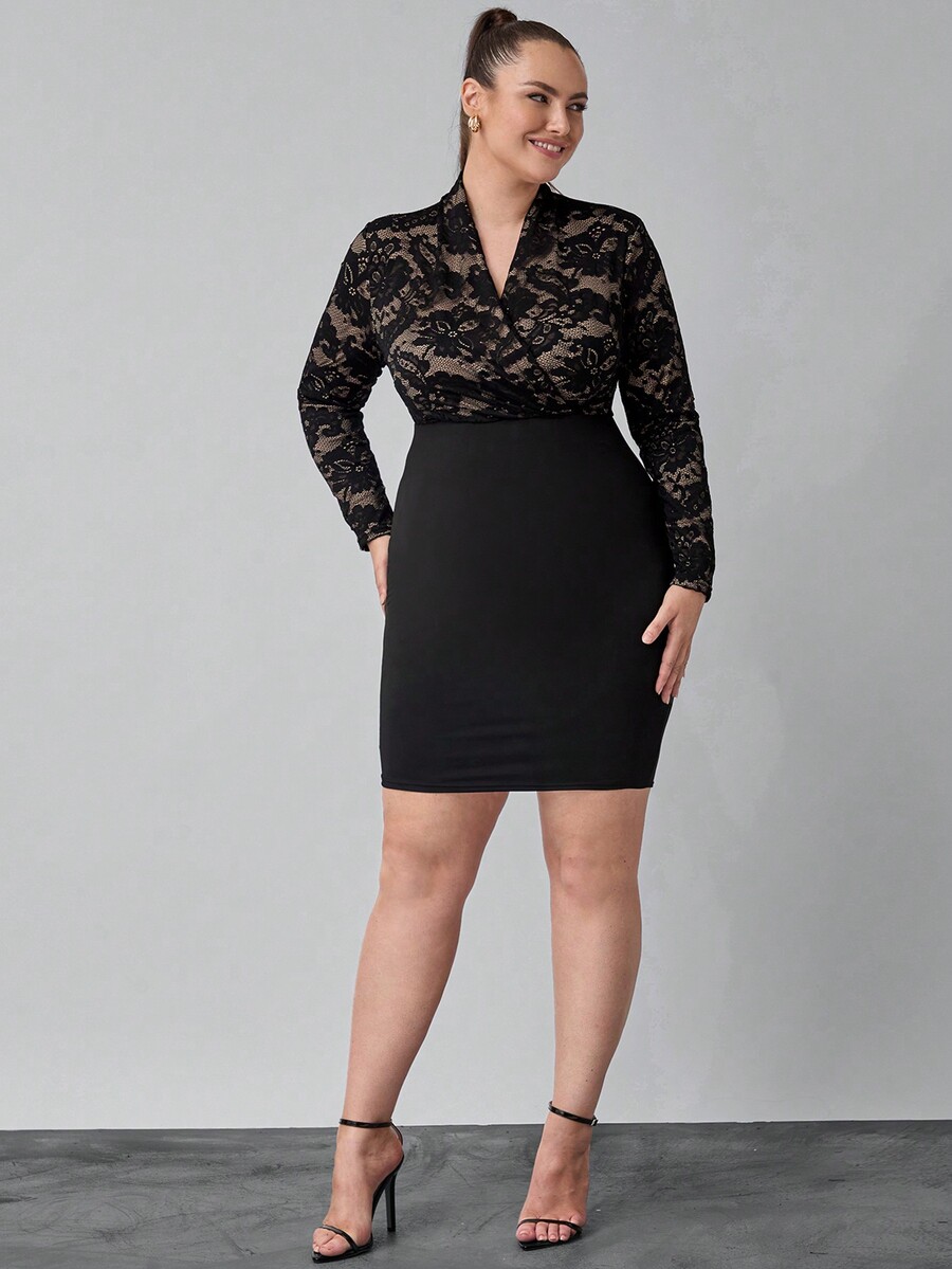 SHEIN Clasi Plus Size Black Long Sleeve Lace Panel Cross Wrap Dress