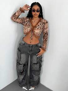 Maweii Blusa de talla grande para mujer con estampado de leopardo y parches, con detalles contrastantes y esponjosos