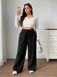 SHEIN EZwear Pantalón de chándal informal con cordón para mujer de talla grande de unicolor