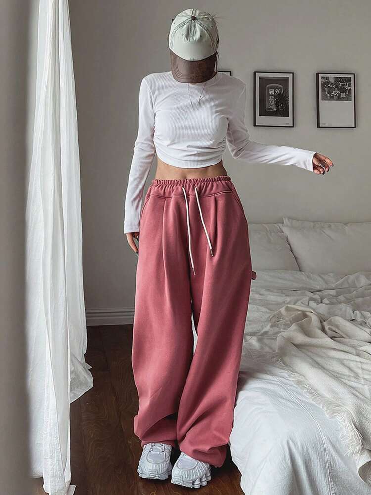 Women's Solid Color Round Neck Cropped Backless Long Sleeve T-Shirt, Spring & Fall