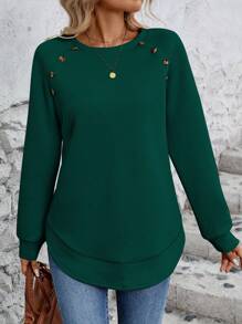 SHEIN LUNE Áo nỉ tay raglan màu trơn giản dị thiết kế nút, mùa thu - Màu xanh lá cây đậm - Xem 3