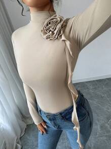 Firerie 女士亚麻色罗纹花卉图案立领长袖 T 恤