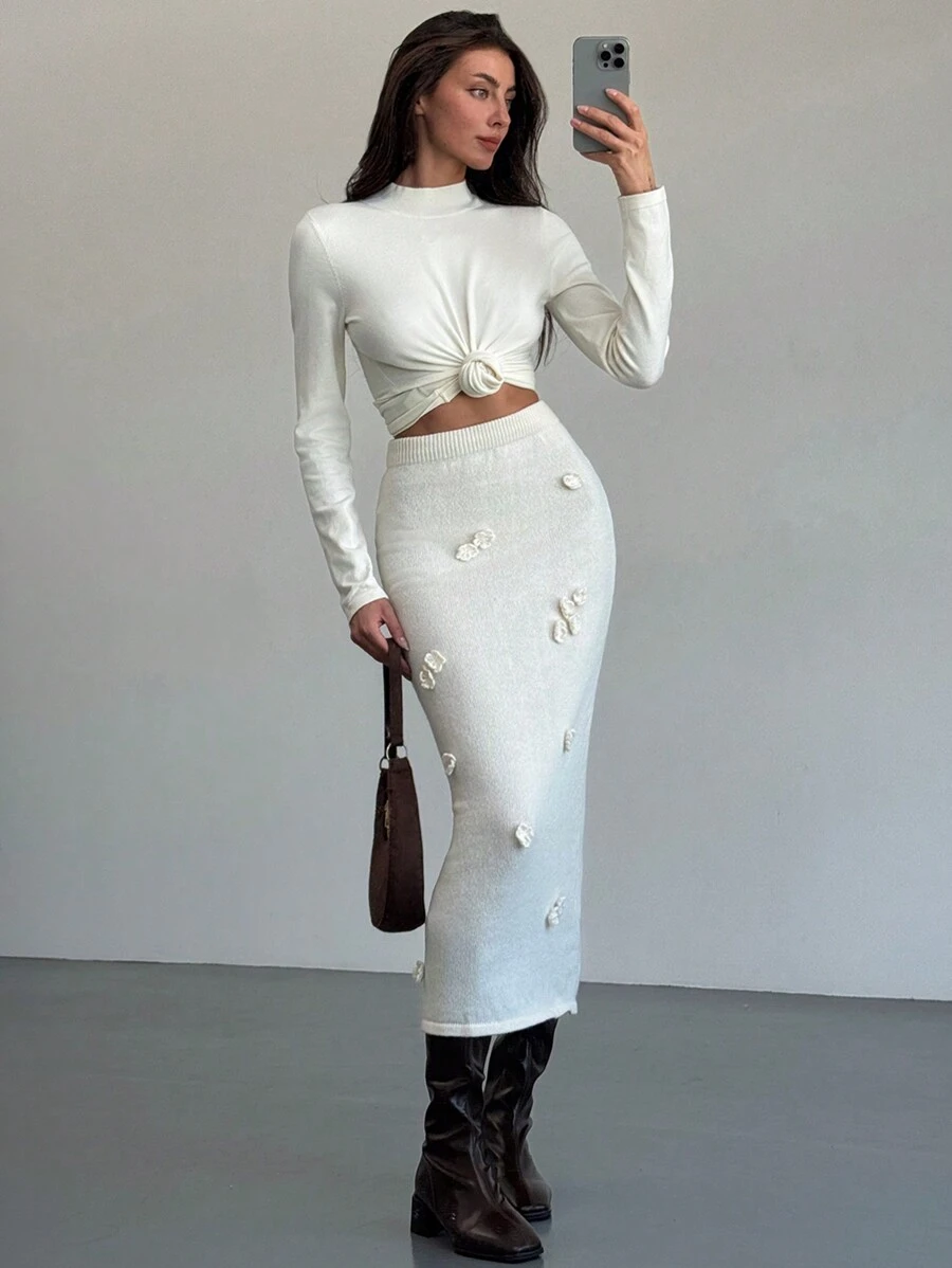 Aloruh Romantic Date Warm Apricot Mid-Length 3D Floral Ladies Sweater Skirt - Beige - View 1