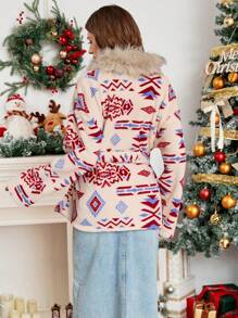 SHEIN Essnce 冬季女装女士长袖落肩几何图案毛绒休闲夹克，秋冬感恩节女装保暖冬季女士外套女士开衫圣诞女装感恩节冬季夹克