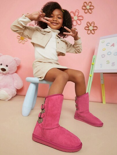 Mini mi Botas de nieve de punto con doble hebilla súper lindas de color fucsia - Botas de invierno acogedoras y lindas, zapatos de invierno acogedores con suela antideslizante para exterior e interior