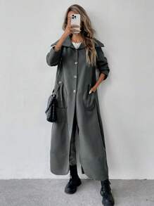 SHEIN LUNE 纯色前扣长袖口袋休闲长夹克 - 深灰色 - 查看 5