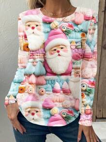 INAWLY Christmas Santa Claus Print Casual Crew Neck Long Sleeve T-Shirt, Spring/Autumn Graphic Tees Women Tops For Spring Outfit