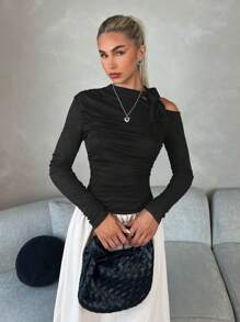 Chiquease Contrast Color Bowknot Open Shoulder Ruched Fitted Long Sleeve A-Line Dress For Women Fall Cloth For Women