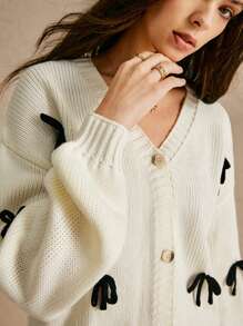 Poéselle White Bow Sweater Cardigan,Casual Bow Decor Knitted Cardigan, Fall Women Clothes,Winter Women Clothes,Black Stereoscopic Bow Decorated Cardigan Sweater,Warm And Comfortable, Suitable For Daily Street, Commute, Holiday, Home Wear FW24