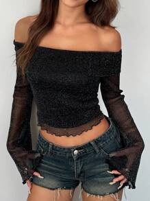 SHEIN EZwear Black Knit Off-Shoulder Glitter Long Sleeve Cropped Top For Women - Black - View 1