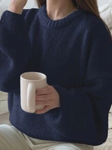 DAZY 休闲纯色落肩超大毛衣，秋冬，长袖上衣，秋季女装 - 藏蓝色 - 查看 3