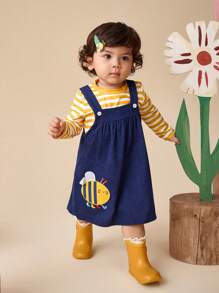 SHEIN Baby Girl 2pcs Cute Long Sleeve Striped Print Top And Bee Embroidered Overall Dress Casual Fashion Outfit, Suitable For Fall - Navy Blue - View 7