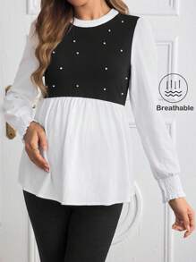 SHEIN Maternity Long Sleeve Shirt, Spring And Summer New Fashion Casual Contrast Color Patchwork Design - Black and White - View 1