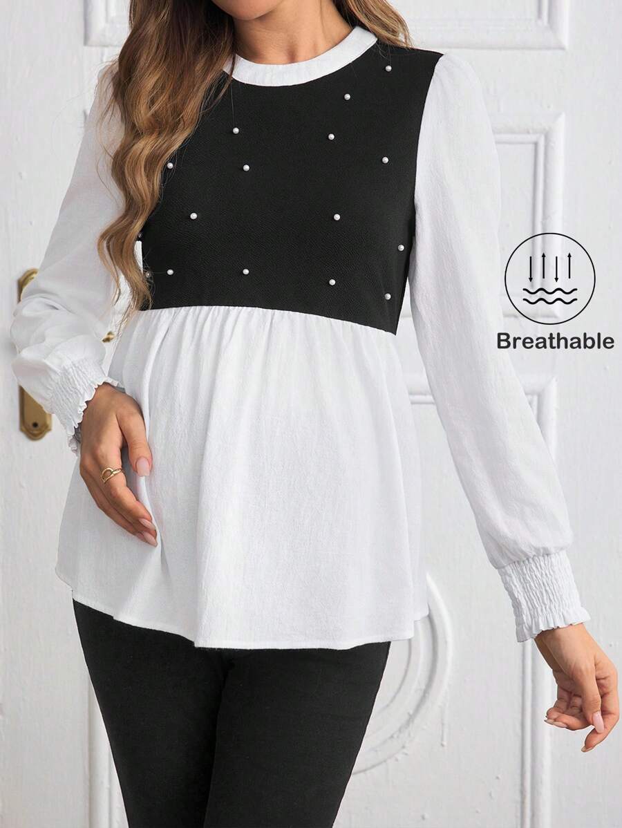SHEIN Maternity Long Sleeve Shirt, Spring And Summer New Fashion Casual Contrast Color Patchwork Design - Black and White - View 1
