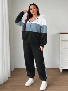 SHEIN EZwear 2 件大码拼色标语印花运动衫和运动裤套装，秋冬运动休闲 - 彩色 - 查看 3