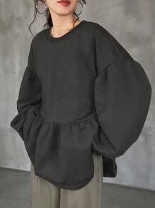 FRIFUL Damska luźna, swobodna, plisowana koszulka T-shirt, jesień/zima