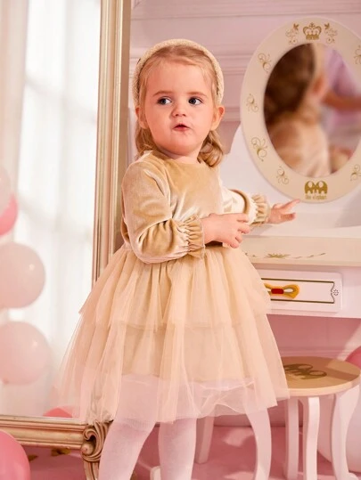 Infant Girls' Velvet Champagne Cake Skirt Princess Dress For Birthday Party
