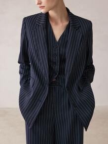 BizChic 女士优雅通勤条纹翻领长袖西装外套，秋冬圣诞节 - 藏蓝色 - 查看 6
