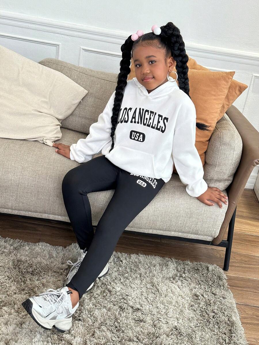 SHEIN Tween Girls' Streetwear Casual Knit Crew Neck Sweatshirt Outfit