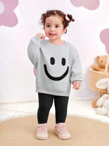 SHEIN Leap Crew Baby Girl Cute Expression Graphic Long Sleeve Sweatshirt With Elastic Waist Pants Set, Autumn/Winter - Multicolor - View 3