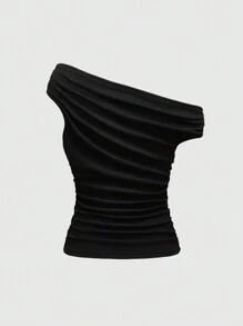 ROMWE Grunge Punk 女款韩流辣妹性感不对称领豹纹骷髅图案修身T恤 - 黑色 - 查看 2